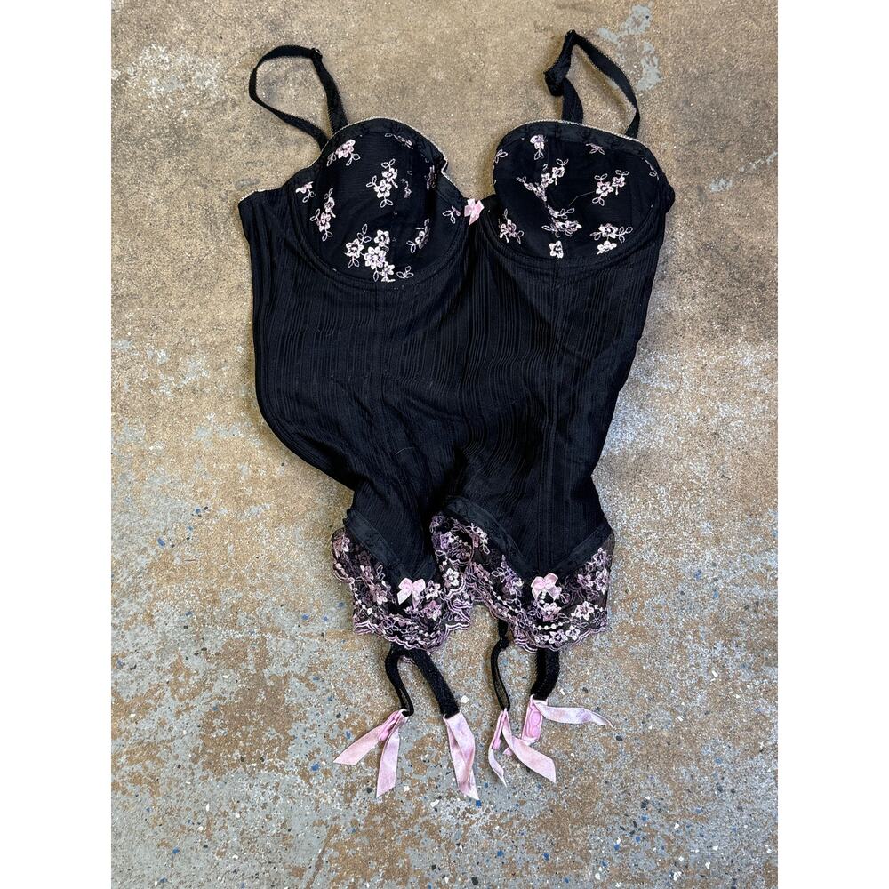 H&M Floral Embroidered Corset Bustier Lingerie Top Garter Straps 34C Black